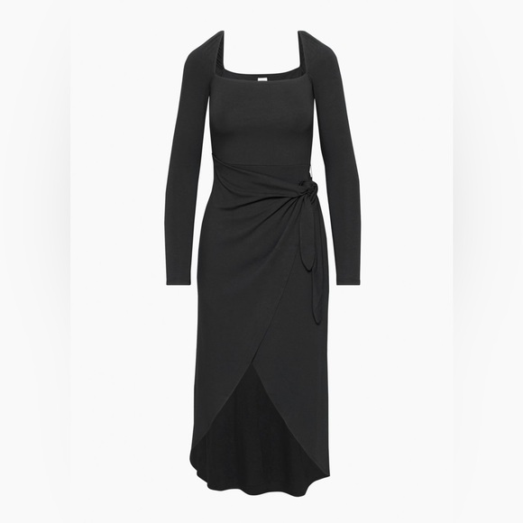 Aritzia Wilfred Saturn Longsleeve Midi Black Dress Size Large Wrap Tie High Low - Picture 5 of 6
